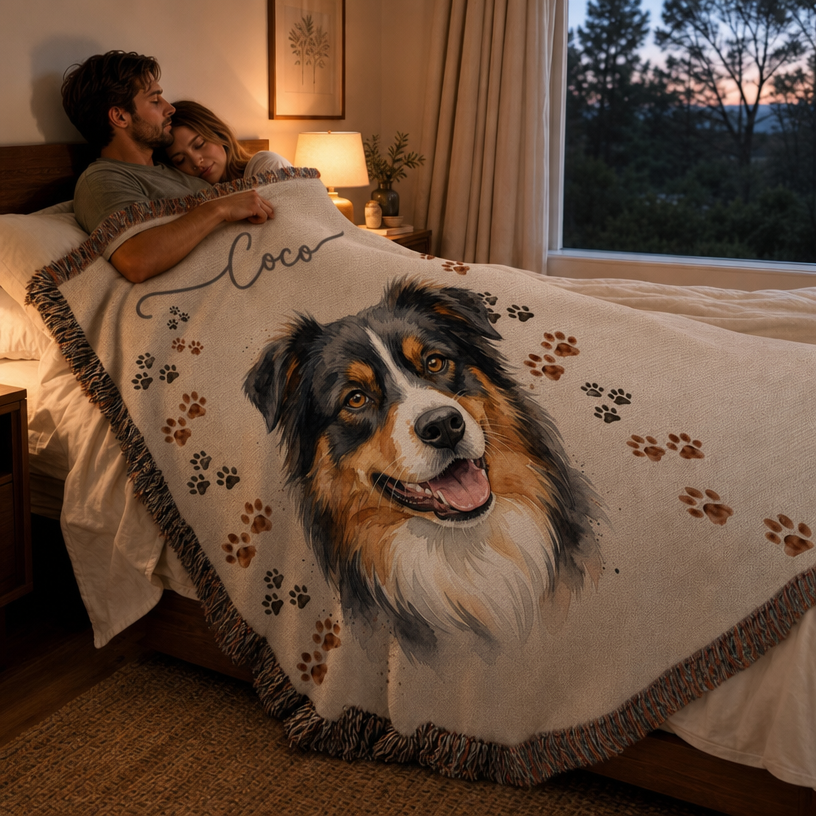 A cozy bedroom scene with a couple tucked under a large cream throw blanket featuring a detailed portrait of a black, white, and tan dog and scattered paw prints. The blanket has fringe trim and the name 'Coco' printed across the top.